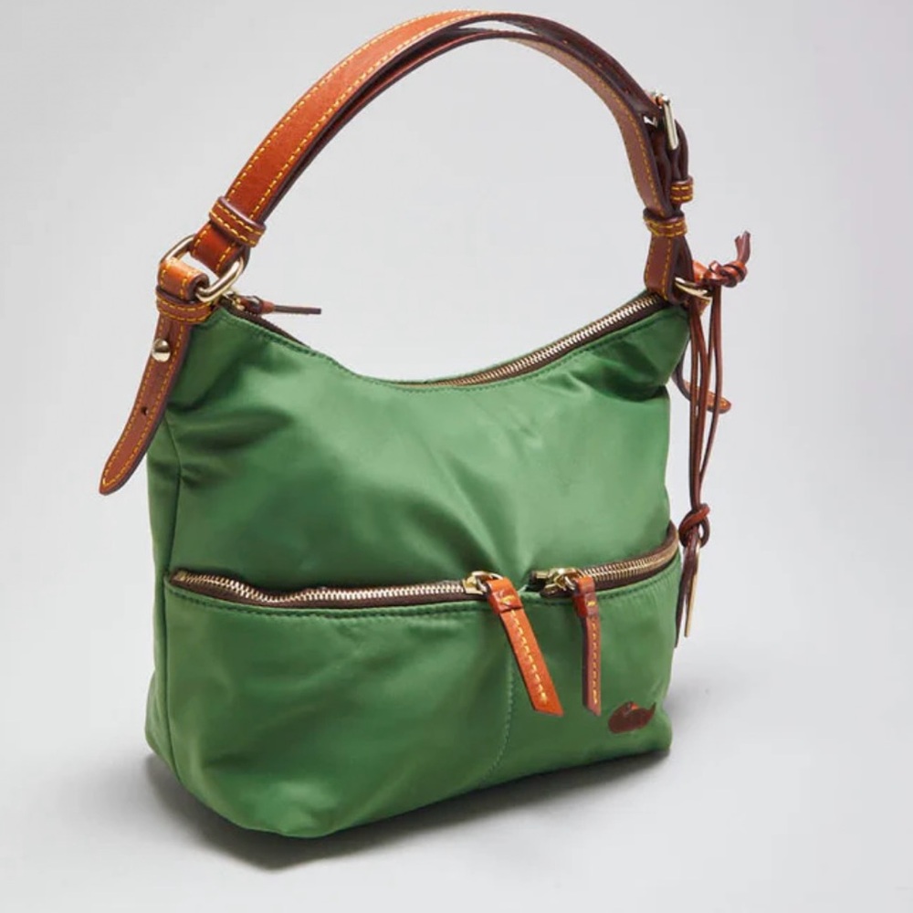 DOONEY & BOURKE Vintage Green Shoulder Bag Nylon Leather Trim with Pink Interior